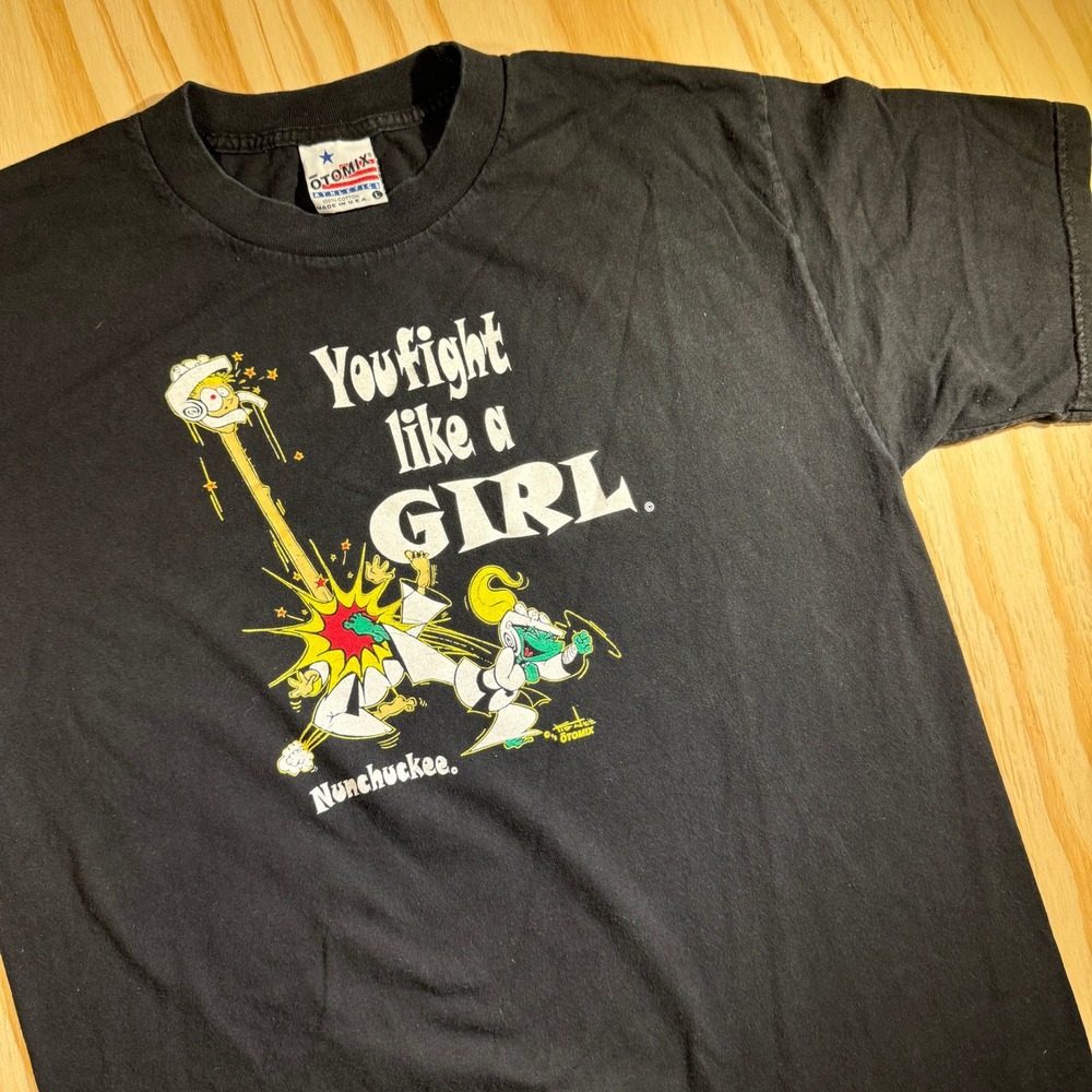 Vintage Otomix Athletics You Fight Like A Girl Nunchuckee T-Shirt Black Large